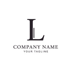 Elegant black serif monogram logo featuring the letter L, with placeholder text for a company name and tagline.
