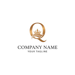 Elegant logo featuring the letter Q in gold, adorned with a crown and wave-like flourish, with space for a company name and tagline.