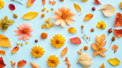 Obraz premium Colorful floral seamless pattern on light blue background 