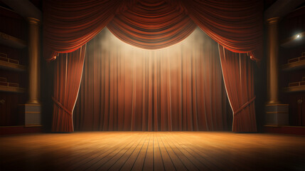 Fototapeta premium Empty theater stage with spotlight and red curtains 