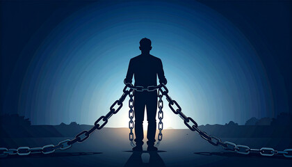 Silhouette of a person entangled in chains, symbolizing captivity and struggle against constraints.
