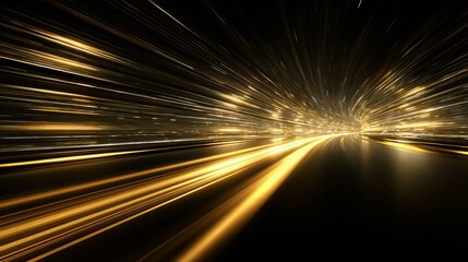 Dynamic golden light streaks creating a futuristic tunnel with speed and energy, perfect for tech