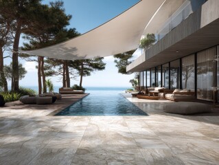 A large house with a pool and a large white umbrella. There are several potted plants around the pool area