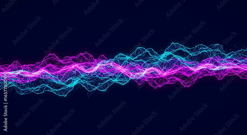 Poster abstract glowing wave lines in blue and pink on a dark background, representing sound waves or data 