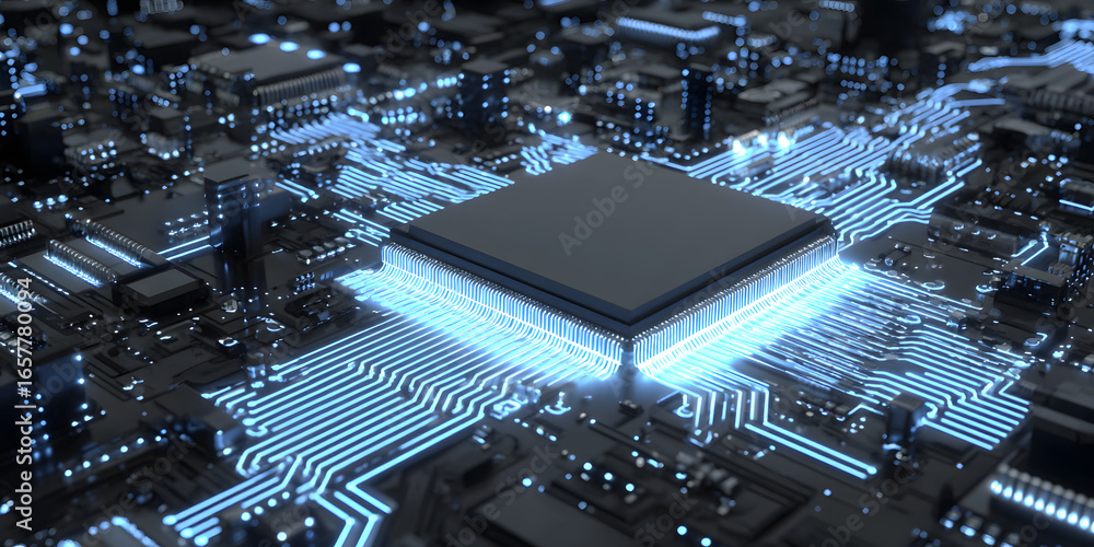 Poster high-tech circuit board with illuminated pathways and central processor
