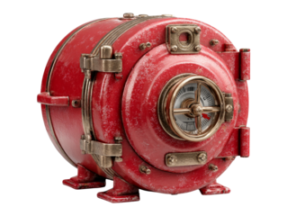 Vintage Red and Brass Pressure Gauge on Isolated Transparent Background