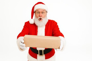 Naklejka premium Santa Claus with wide expression and gift box – perfect for Christmas sale and festive mockups, New Year clearance sale campaign