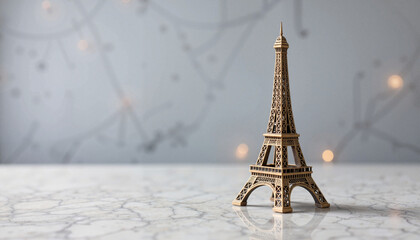 Eiffel Tower miniature on marble desk with soft glow, Bastille Day