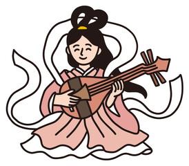 七福神の弁財天の手描きイラスト