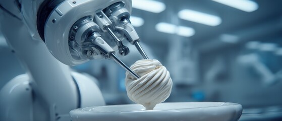 Robotic arm precision handling of cream dessert in a modern food factory setting