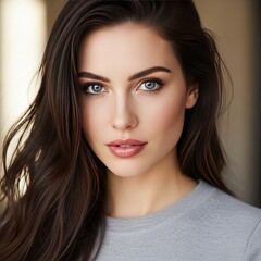 Naklejka premium Woman with dark brown hair and blue eyes in a grey sweater