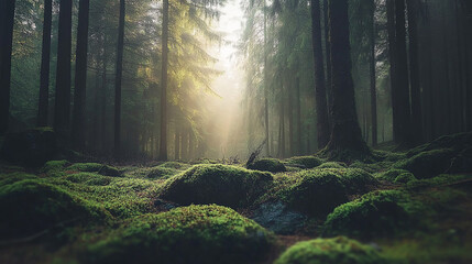 Naklejka premium Mossy Forest with Sunlight Beams. Mystical Nature Scene