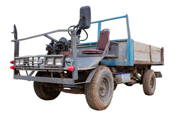 Green old military truck, an old rusty war machine, isolated on white with four wheels