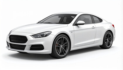 Fototapeta premium White coupe car with black rims parked on a white background, side view.