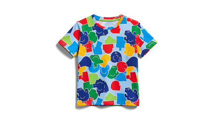 Colorful children's t-shirt with geometric shapes and playful designs.