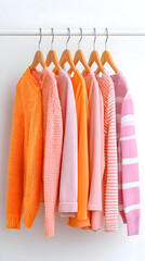 Sunrise Hues: A Curated Collection of Orange and Pink Sweaters on a Minimalist Rack.