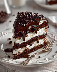 Decadent Chocolate Layer Cake with Dripping Ganache and Chips on a Vintage Plate.