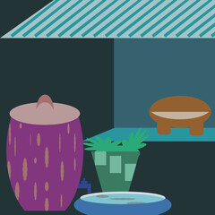 Traditional Thai water jar with basin and plants in a rural setting. Symbol of heritage and cultural lifestyle in Southeast Asia.