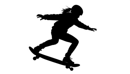 A dynamic silhouette of a girl skateboarding, showcasing a powerful, graceful motion in mid-air.