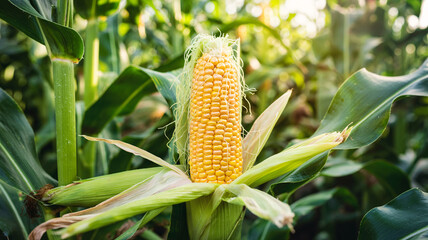 Close-up of a corn cob in a field, ready for harvest.