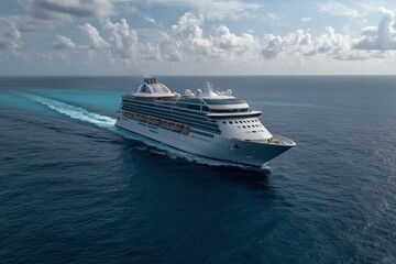 High-end passenger ship cruising across Caribbean turquoise waters.