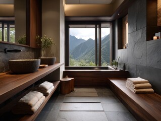 Obraz premium A bathroom with a large window overlooking mountains. There is a sink, a bathtub, and a bench. The bench is covered with towels