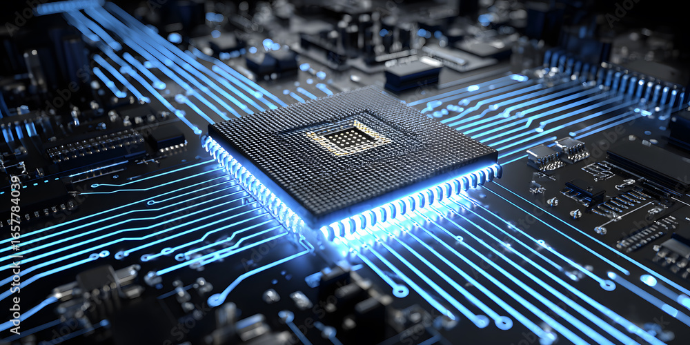 Poster Advanced Microprocessor on Circuit Board with Illuminated Connections