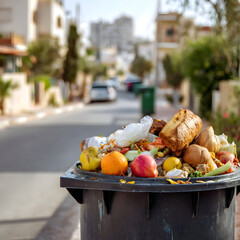 A Mountain of Food Waste: Discarded Groceries Overflowing from a Bin on a City Street.