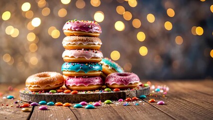 Stack of colorful donuts with sprinkles and sweet candy pieces on rustic wooden table against festive lights