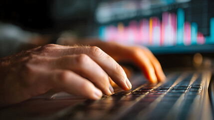Focused Hands Typing on a Keyboard Illuminated by a Vibrant Data Analytics Screen.