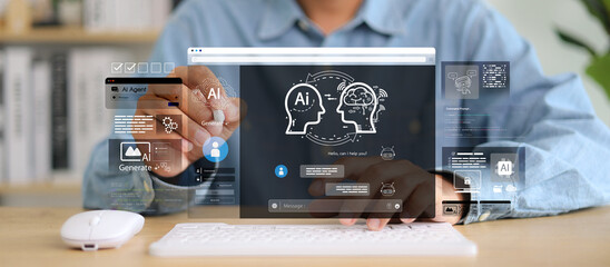 Chat with AI or Artificial Intelligence. Young businessman chatting with a smart AI or artificial intelligence using an artificial intelligence chatbot developed by OpenAI.