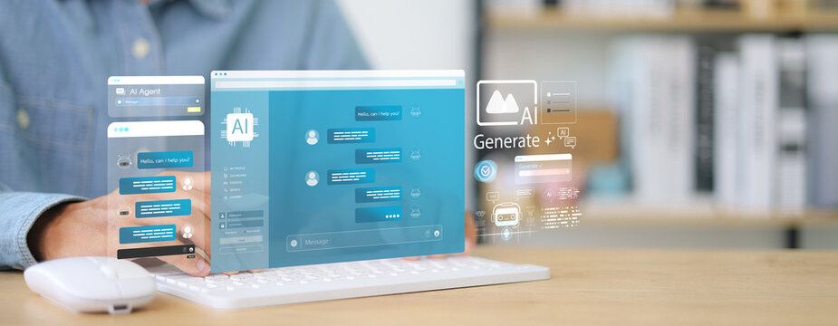 Chat with AI or Artificial Intelligence. Young businessman chatting with a smart AI or artificial intelligence using an artificial intelligence chatbot developed by OpenAI.