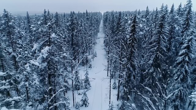 Snow Covered Forest Aerial View of a Winding Trail Through Evergreen Trees During Winter Season