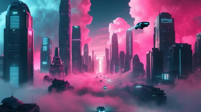 Futuristic neon city skyline with flying cars above glowing pink and blue clouds in modern sci fi cyberpunk metropolis night atmosphere