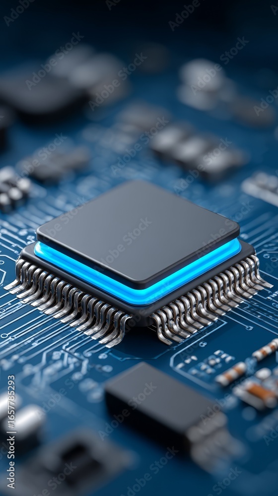 Poster detailed close up view of a complex microprocessor chip the central processing unit mounted on a gre