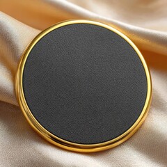 Black round coaster with gold rim on beige fabric.