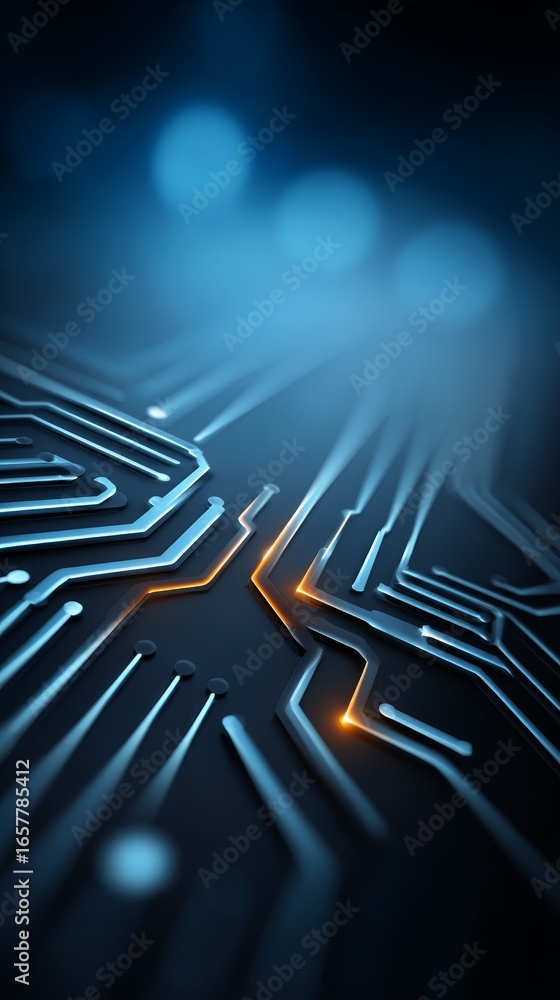 Poster a mesmerizing close up of a complex computer circuit board with glowing neon blue and purple lights 