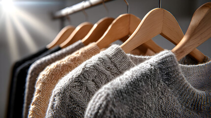 Sunlit Wardrobe: Textured Knit Sweaters in Neutral Tones on a Clothing Rack.