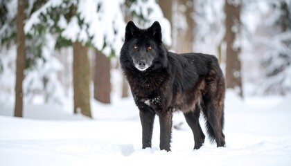 Obraz premium Black wolf in snowy winter forest.
