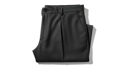 Neatly folded dark gray dress pants, pleated front, flat lay.