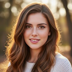 Obraz premium Young Woman with Wavy Brown Hair Smiling Outdoors female
