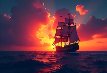 Obraz premium Starry night sky frames a black sailboat silhouette drifting across calm ocean waters. Nautical adventure scene evokes tranquility, exploration, freedom, and celestial beauty for maritime-themed stock