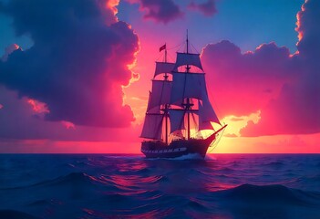 Starry night sky frames a black sailboat silhouette drifting across calm ocean waters. Nautical adventure scene evokes tranquility, exploration, freedom, and celestial beauty for maritime-themed stock