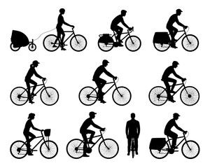 Diverse cyclists silhouettes with various bicycle styles and accessories