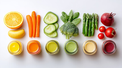 Colorful smoothie jars lined up near fresh produce, highlighting nutritional ingredients and vibrant preparation of wholesome blended beverages on wooden surface
