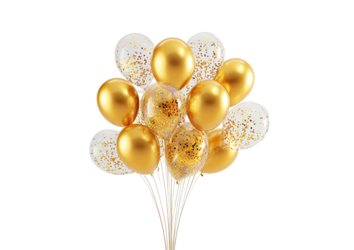 A cluster of gold and clear balloons, with confetti sprinkles, tied together by thin stems against a black background