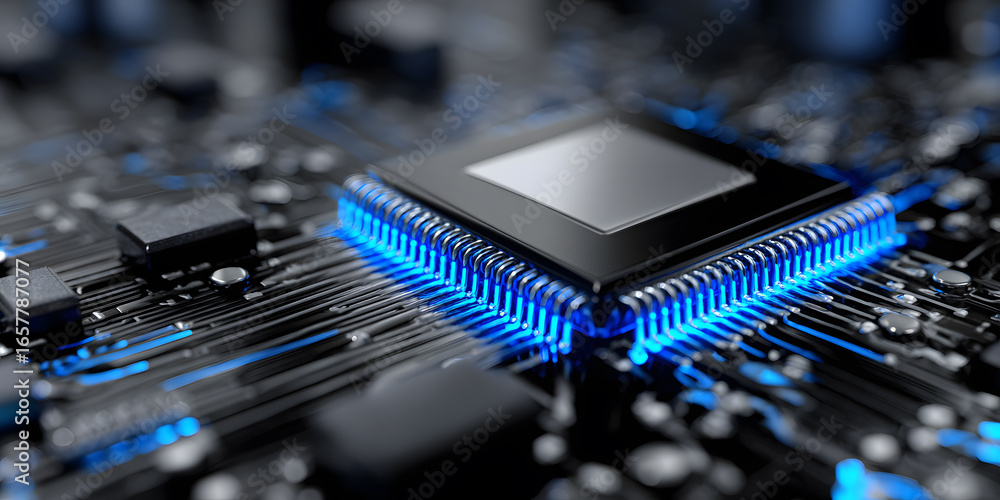 Poster advanced microchip on circuit board with blue illumination