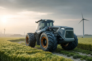 An advanced electric tractor is actively plowing through vibrant green fields. A wind turbine stands tall in the background, highlighting sustainable farming practices at dawn