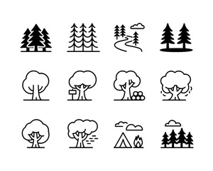 Collection of simple line art icons representing trees and outdoor scenes