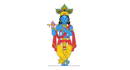 Flat Illustration of Lord Krishna Playing Flute in Traditional Indian Attire